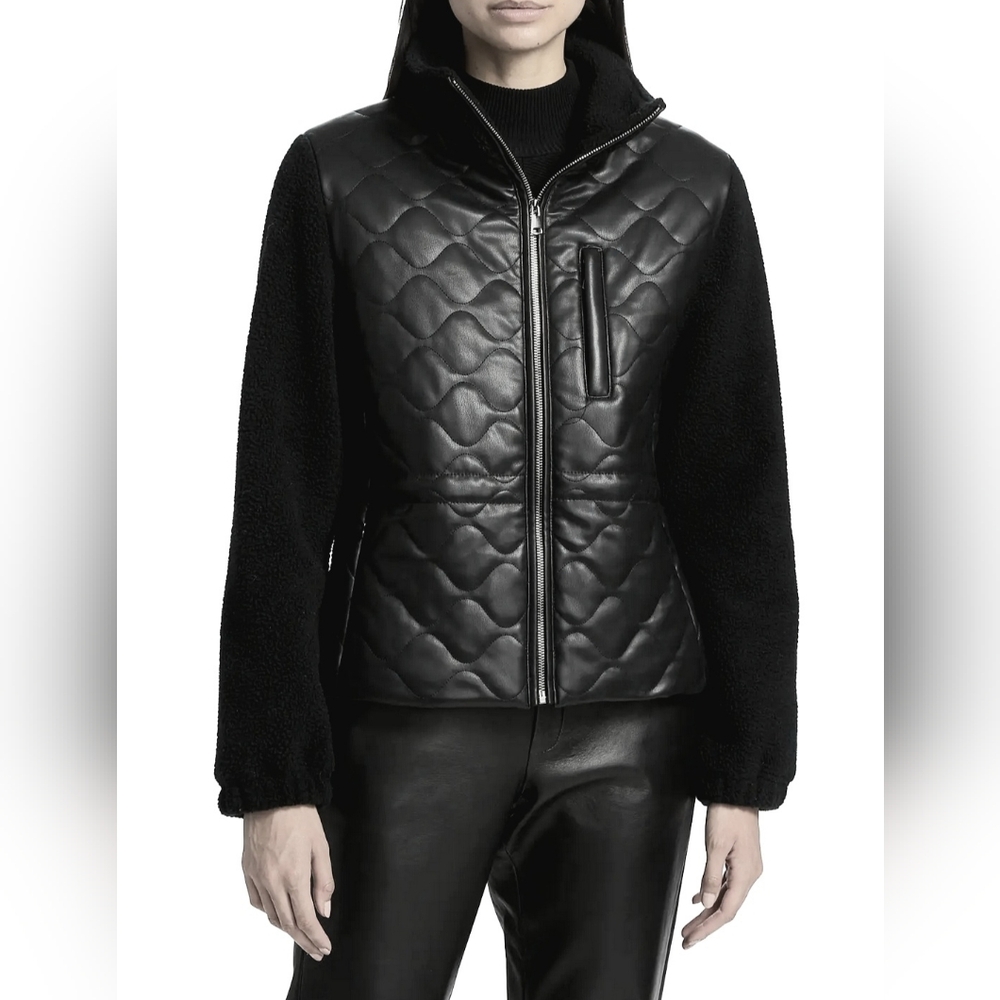 Lamarque Black Quilted Mixed-Media Puffer Jacket Size S